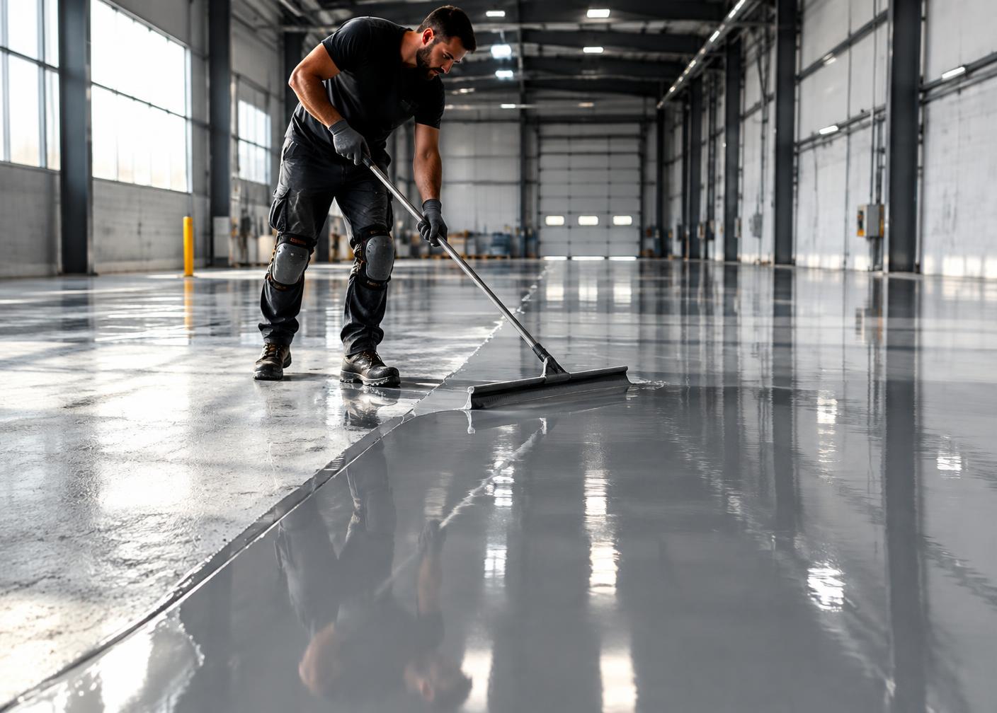 Epoxy floor coating applied in a warehouse