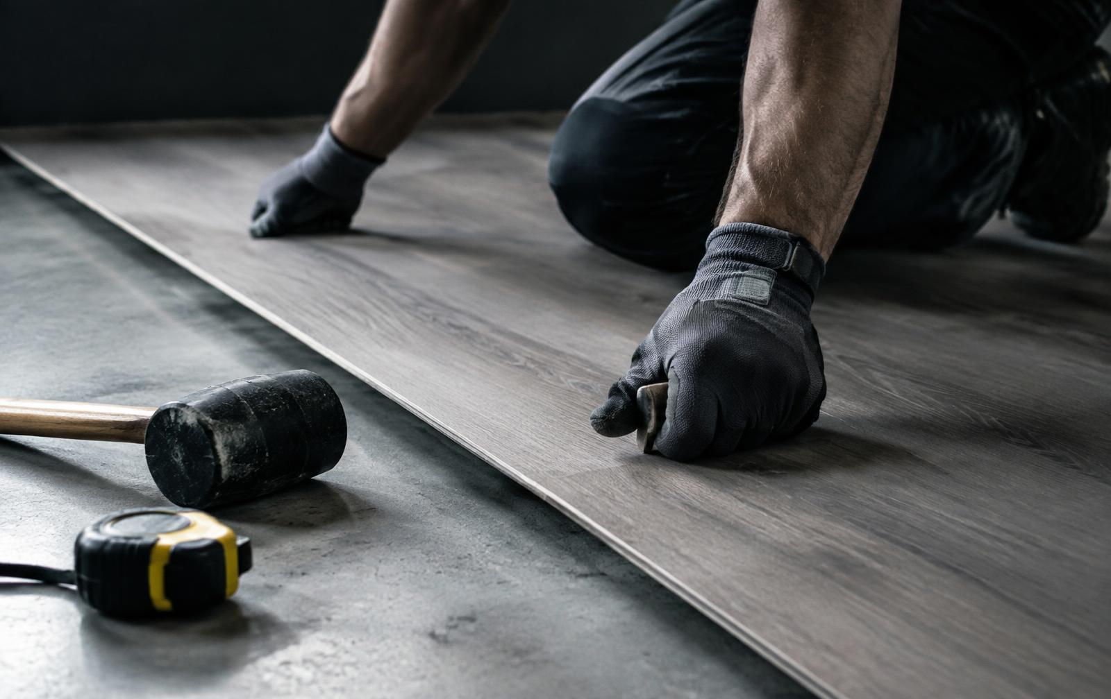 Installer laying commercial vinyl plank flooring in Vancouver